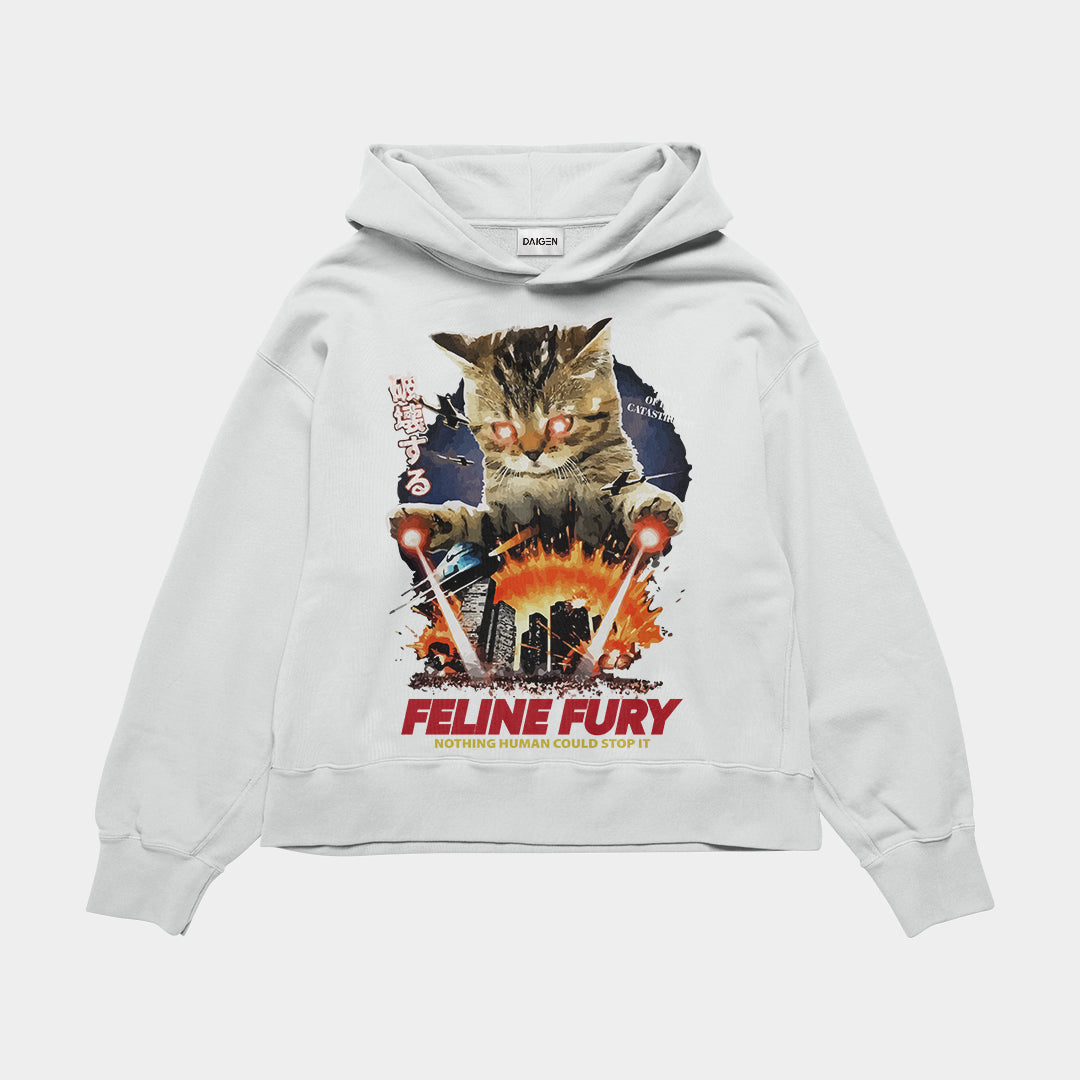 Feline Fury Oversized White Hoodie